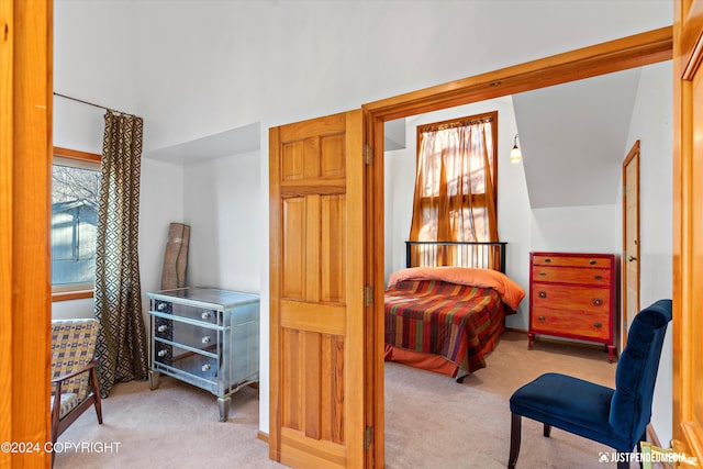 bedroom featuring light colored carpet