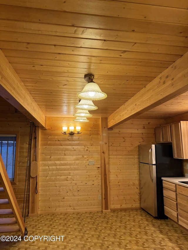 interior space with stainless steel fridge, wooden ceiling, and wooden walls