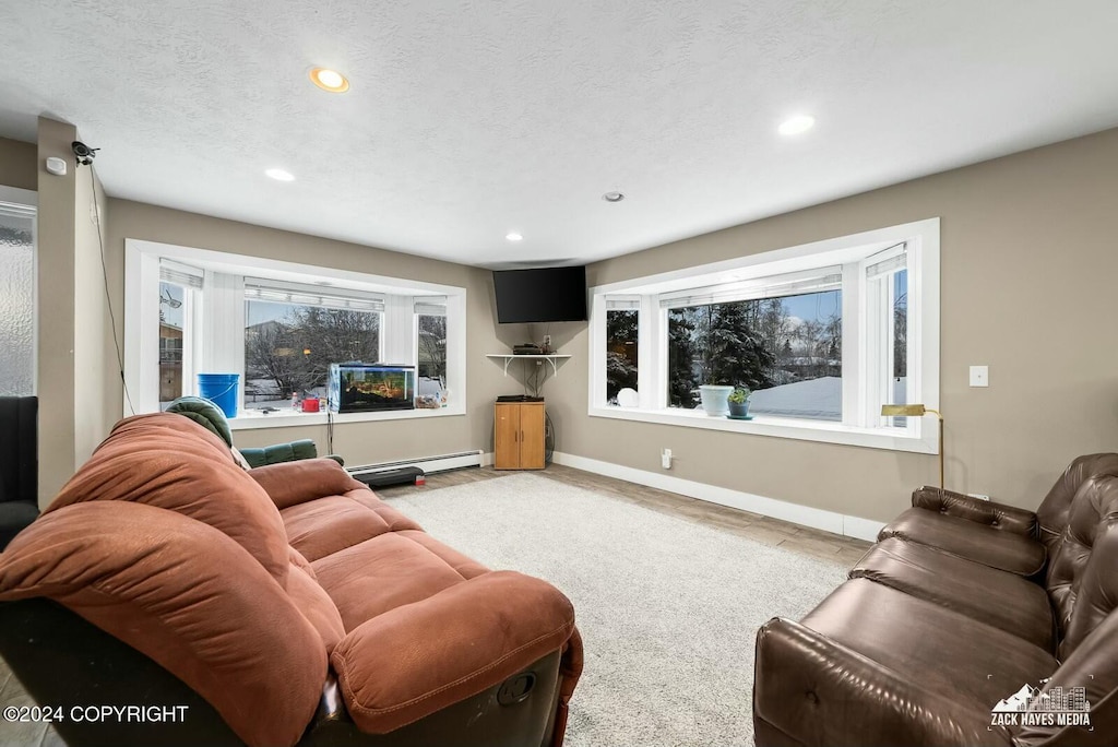 carpeted living room with a textured ceiling, baseboard heating, and a wealth of natural light