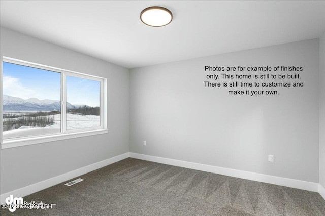 unfurnished room with a mountain view and carpet flooring