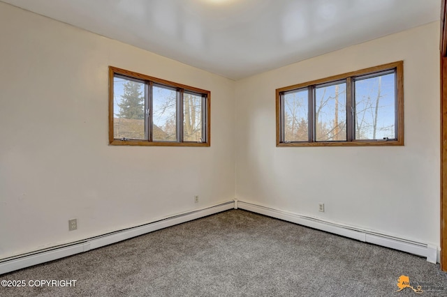 spare room featuring baseboard heating and carpet floors