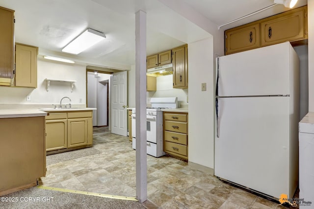 kitchen with under cabinet range hood, white appliances, light countertops, and a sink