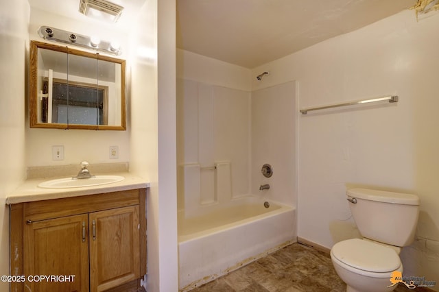 bathroom with visible vents, shower / bathtub combination, toilet, and vanity