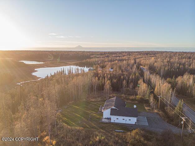 aerial view at dusk with a water view