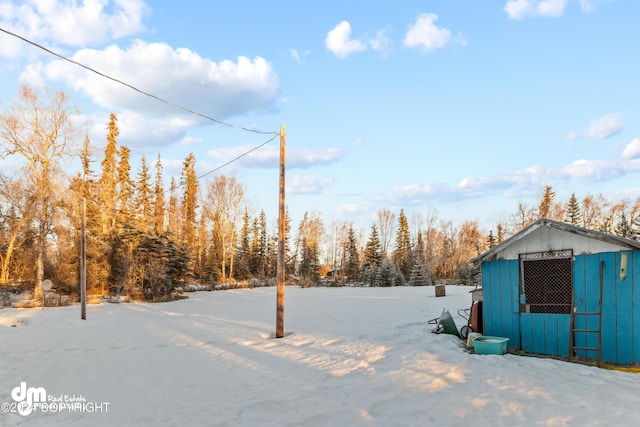 yard covered in snow featuring an outdoor structure