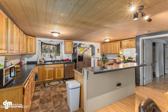 kitchen with sink, a center island, wood-type flooring, wood ceiling, and appliances with stainless steel finishes