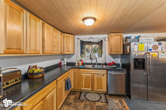 kitchen featuring appliances with stainless steel finishes, wooden ceiling, and sink