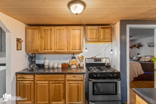 kitchen featuring washer / clothes dryer, hardwood / wood-style flooring, wooden ceiling, and stainless steel gas range