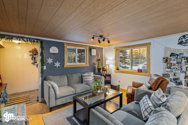 living room featuring ornamental molding, wood ceiling, track lighting, and light hardwood / wood-style floors