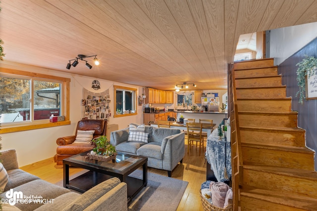 living room featuring light wood-type flooring, track lighting, and wooden ceiling