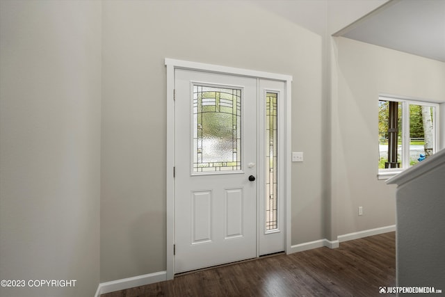 foyer entrance with baseboards and wood finished floors