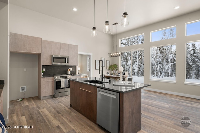 kitchen featuring pendant lighting, sink, an island with sink, tasteful backsplash, and stainless steel appliances