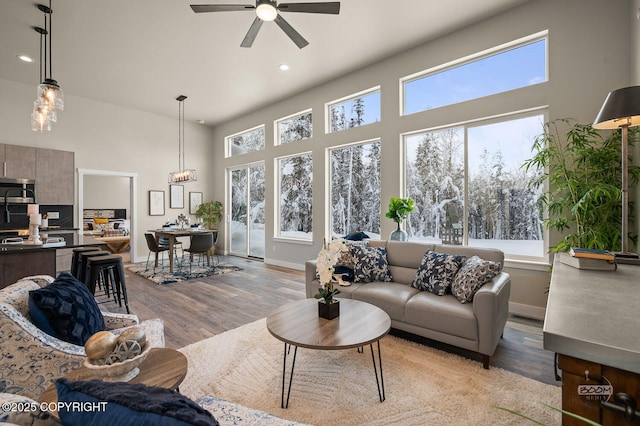 living room with ceiling fan and light wood-type flooring