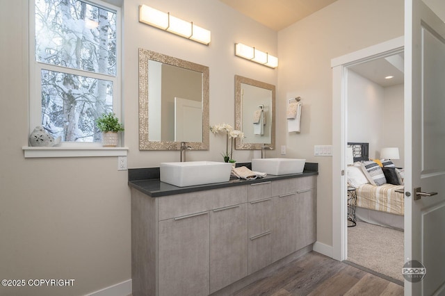 bathroom featuring wood-type flooring, vanity, and a healthy amount of sunlight