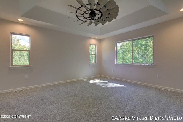 empty room with carpet floors, a raised ceiling, and ceiling fan