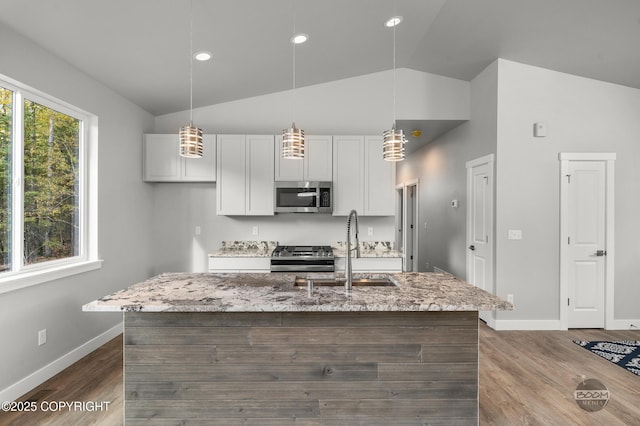 L12 Jasmine Rd, Chugiak, AK 99567 - kitchen featuring stainless steel appliances, a sink, baseboards, an island with sink, and dark wood finished floors