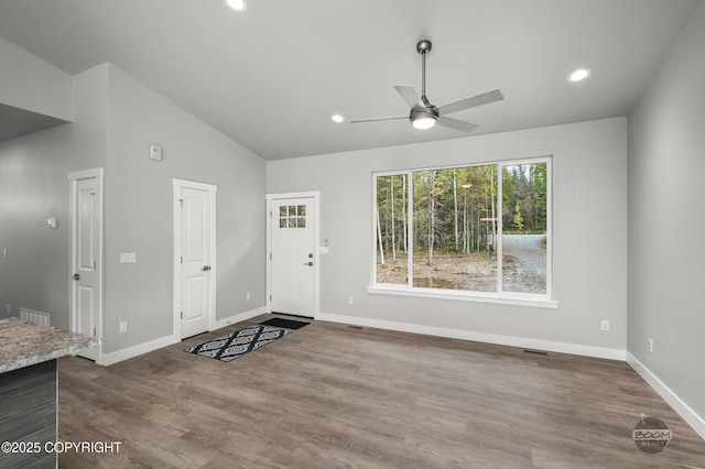 L12 Jasmine Rd, Chugiak, AK 99567 - foyer entrance with a ceiling fan, vaulted ceiling, baseboards, wood finished floors, and recessed lighting