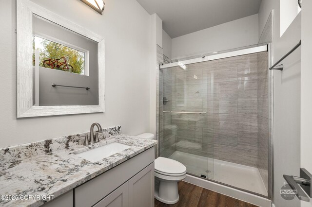 L12 Jasmine Rd, Chugiak, AK 99567 - full bathroom with toilet, a shower stall, wood finished floors, and vanity