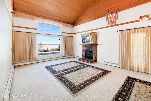 carpeted living room with a brick fireplace, high vaulted ceiling, a baseboard heating unit, a chandelier, and wood ceiling