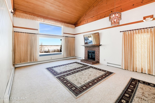 2795 Watergate Way, Kenai, AK 99611 - unfurnished living room with baseboard heating, carpet, wood ceiling, a chandelier, and a fireplace