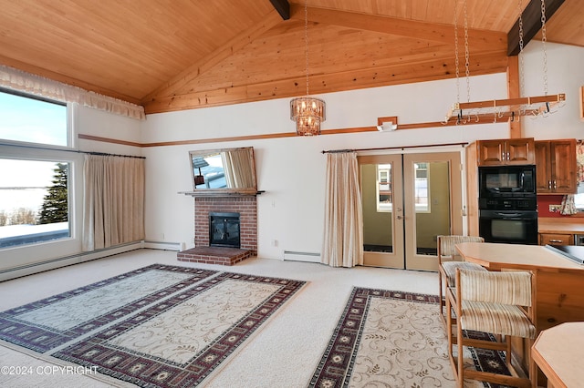 living room featuring french doors, high vaulted ceiling, a brick fireplace, and wood ceiling