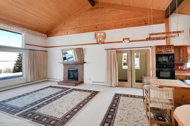 2795 Watergate Way, Kenai, AK 99611 - living room with high vaulted ceiling, a wood ceiling with exposed beams, french doors, plenty of natural light, and a baseboard heating unit