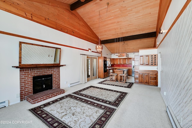 carpeted living room featuring beamed ceiling, wood ceiling, high vaulted ceiling, and a baseboard heating unit