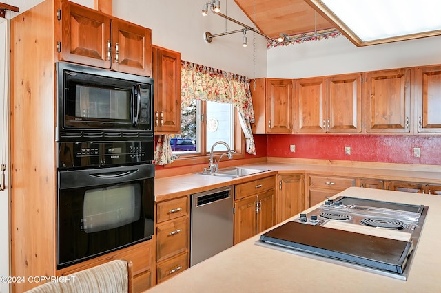 2795 Watergate Way, Kenai, AK 99611 - kitchen featuring black appliances, light countertops, brown cabinetry, and high vaulted ceiling