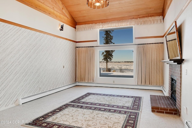 2795 Watergate Way, Kenai, AK 99611 - unfurnished living room featuring a baseboard heating unit, wooden ceiling, vaulted ceiling, a brick fireplace, and carpet