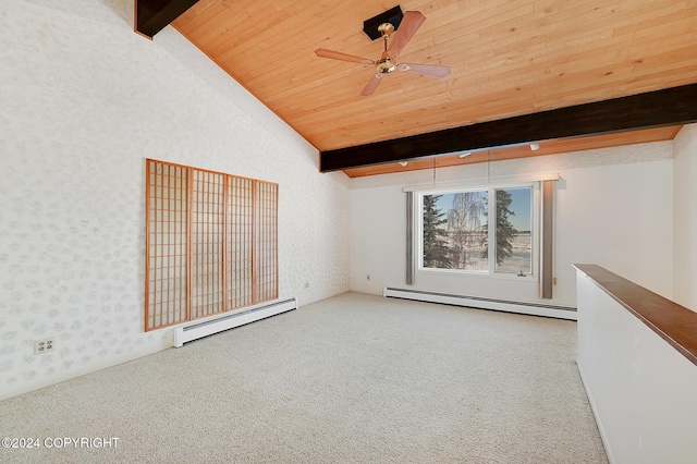 2795 Watergate Way, Kenai, AK 99611 - carpeted spare room featuring a baseboard heating unit, wood ceiling, wallpapered walls, and ceiling fan