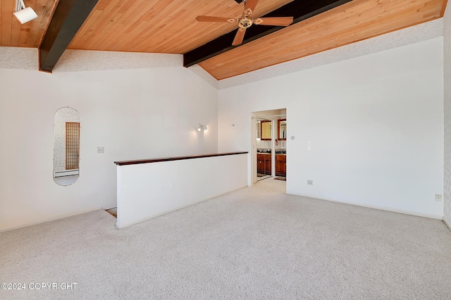 carpeted empty room with lofted ceiling with beams, ceiling fan, and wooden ceiling