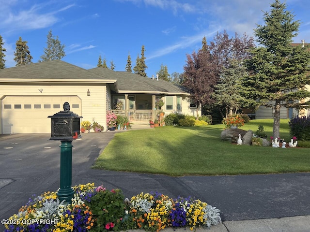 ranch-style home with a porch, a garage, and a front lawn