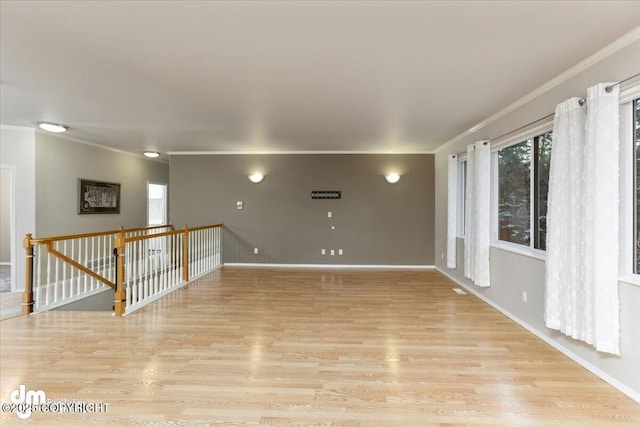 spare room featuring light hardwood / wood-style floors and ornamental molding