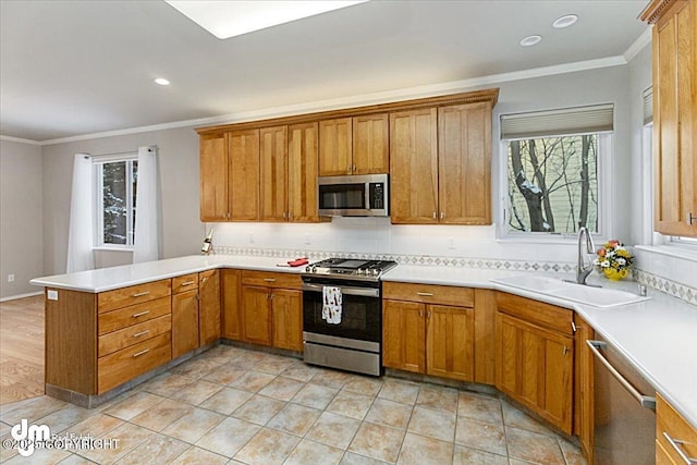 kitchen with kitchen peninsula, appliances with stainless steel finishes, crown molding, and sink