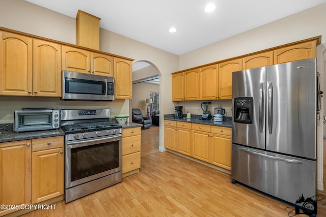 kitchen with appliances with stainless steel finishes, light hardwood / wood-style flooring, and dark stone counters