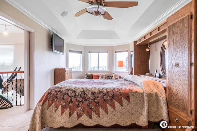 16643 Woods Pointe Cir, Anchorage, AK 99516 - bedroom with a tray ceiling, carpet flooring, a ceiling fan, and ornamental molding