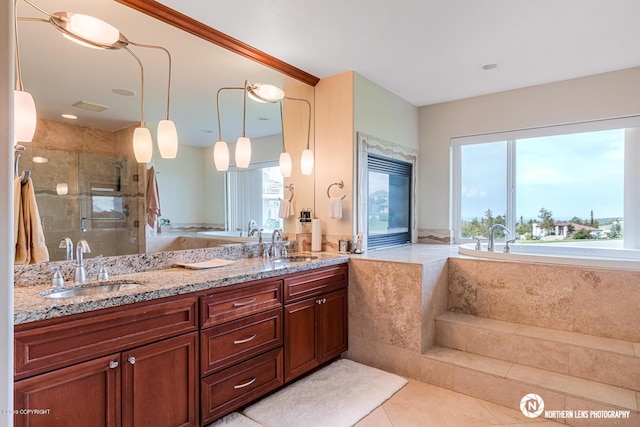 16643 Woods Pointe Cir, Anchorage, AK 99516 - full bathroom with a bath, double vanity, healthy amount of natural light, and a shower stall
