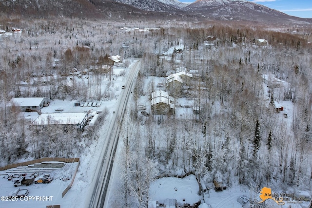 snowy aerial view with a mountain view