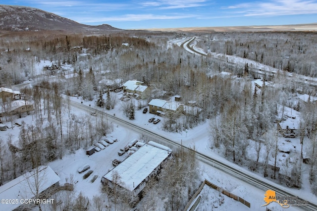 snowy aerial view with a mountain view