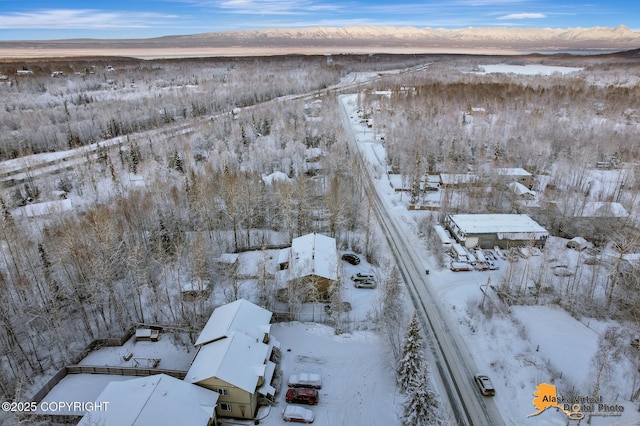 snowy aerial view with a mountain view