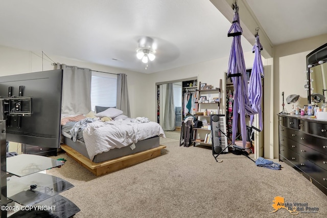 carpeted bedroom with multiple windows, a closet, and ceiling fan