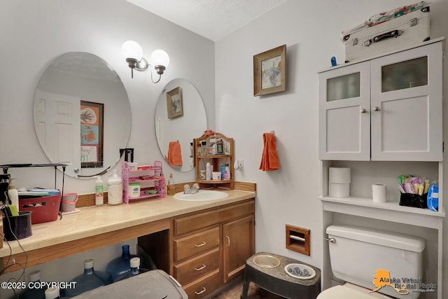 bathroom with vanity, a textured ceiling, and toilet