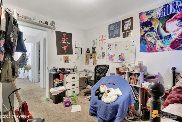 bedroom with light carpet