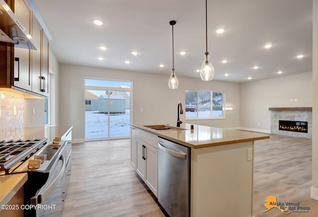 8803 Chalk Hill Loop, Anchorage, AK 99502 - kitchen featuring appliances with stainless steel finishes, under cabinet range hood, light wood-type flooring, tasteful backsplash, and recessed lighting