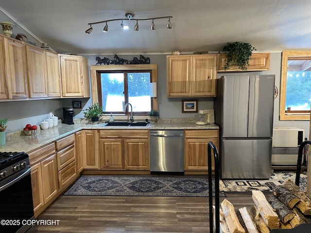 kitchen with sink, appliances with stainless steel finishes, dark hardwood / wood-style floors, and lofted ceiling