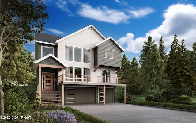 view of front facade featuring driveway, a garage, and stairway