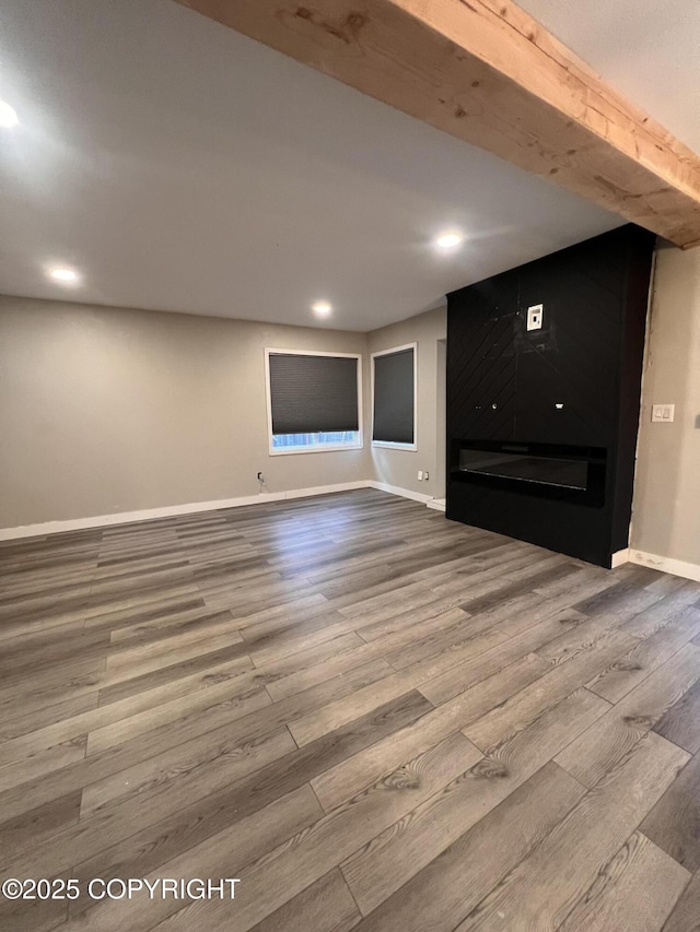 basement with hardwood / wood-style floors