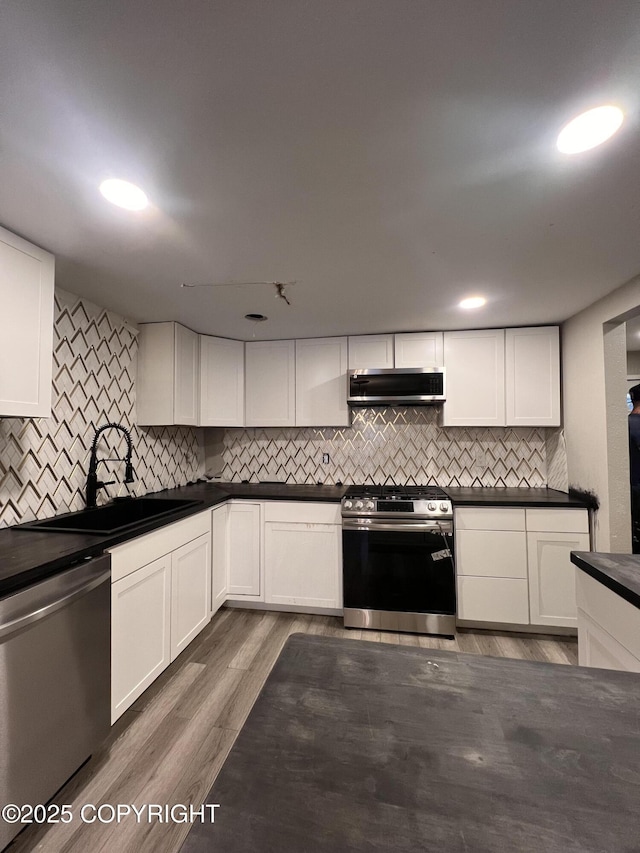 kitchen featuring sink, stainless steel appliances, white cabinets, and exhaust hood