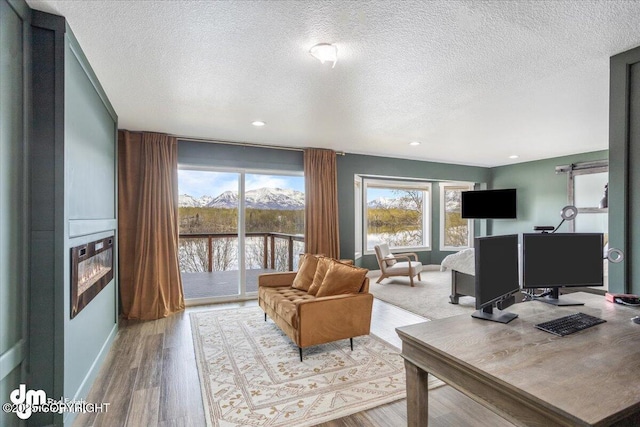 office area with light hardwood / wood-style flooring and a textured ceiling