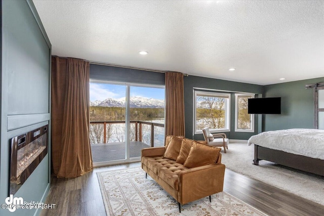 bedroom featuring light hardwood / wood-style floors, access to exterior, and a textured ceiling